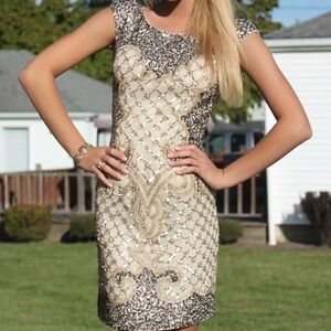 Sequined Ivory and Gold Cap-Sleeve Prom Dress